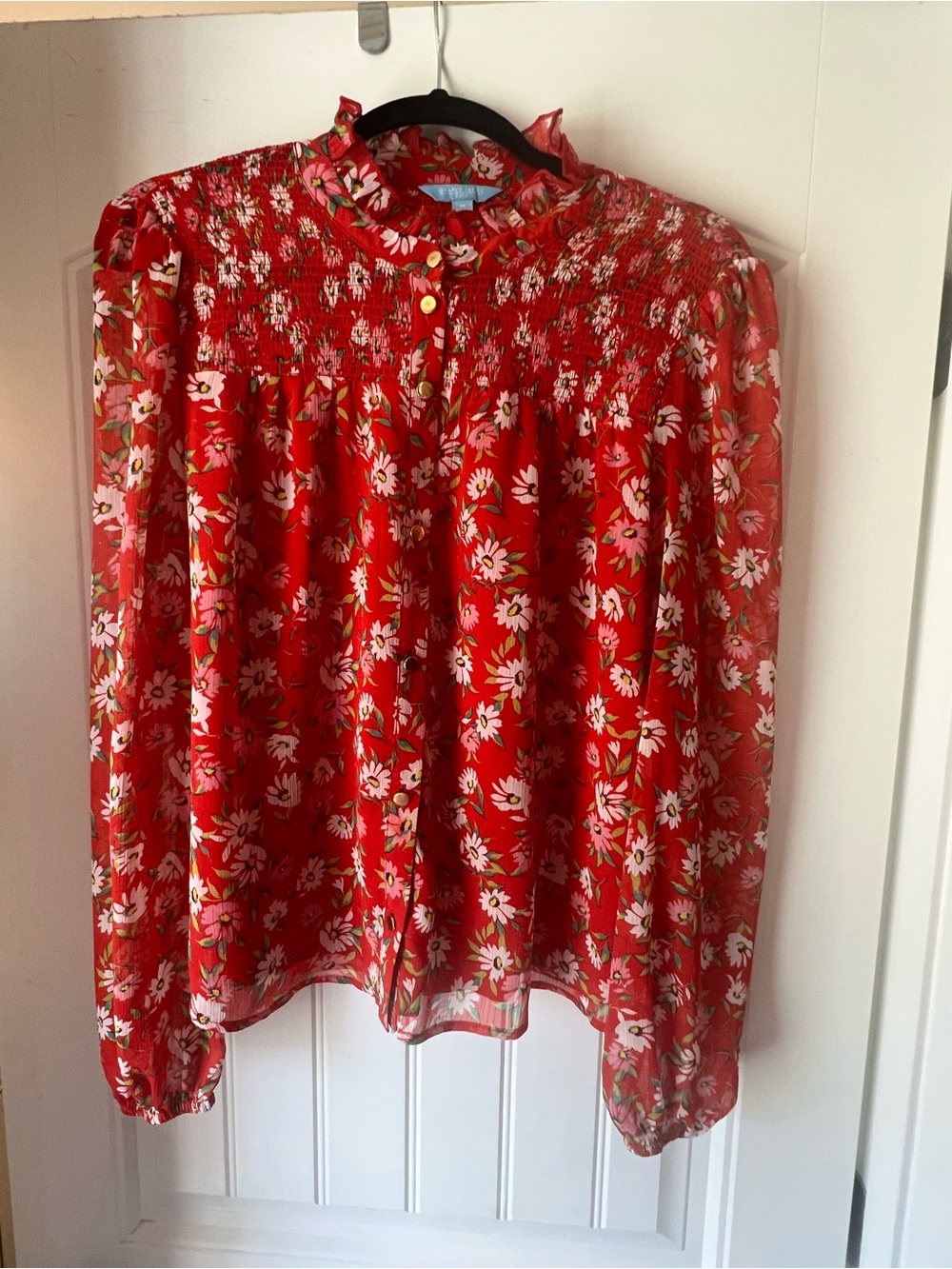 Draper James Red Floral Smocked Yoke Long-Sleeve Blouse